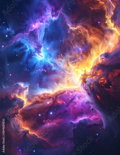 Vivid cosmic artwork featuring swirling nebulae, stars, and vibrant hues