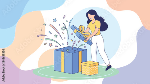 Happy woman opening a surprise gift box with confetti and stars