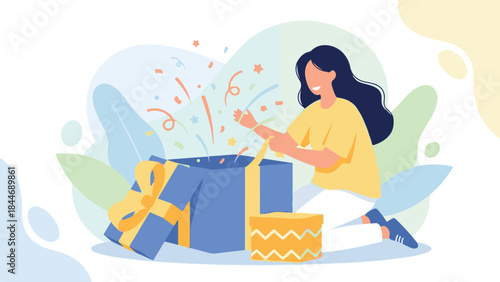 Happy woman opening a gift box with colorful confetti exploding out