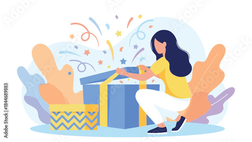 Happy woman opening a surprise gift box with confetti and stars