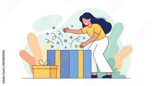 Happy Woman Opening a Festive Gift Box with Confetti and Surprises