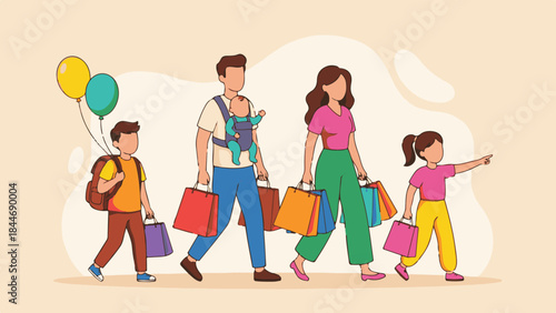 Family shopping trip with parents, baby, and children carrying bags and balloons