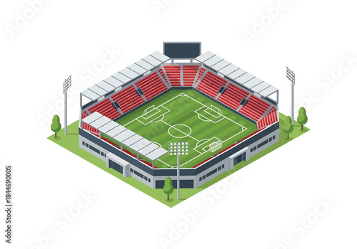 Isometric Soccer Stadium Aerial View with Green Field, Red Seats, and Lights