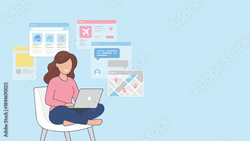 Woman with laptop browsing web, managing online tasks and digital services