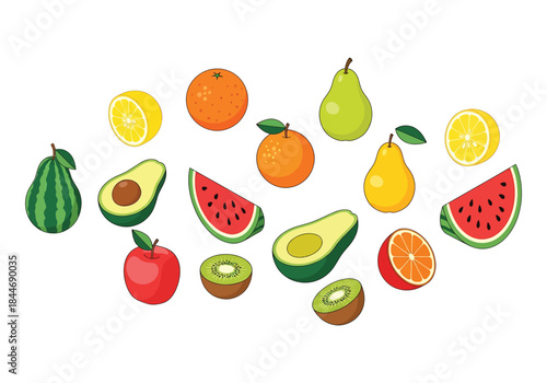 Assorted Fresh Fruits Collection Oranges, Pears, Watermelon, Avocado, Lemon, Kiwi, Apple Illustration