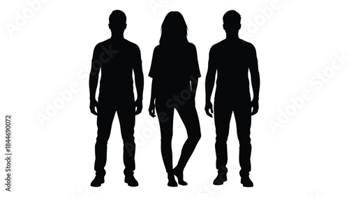 Three people standing together in a stark black outline a dramatic silhouette