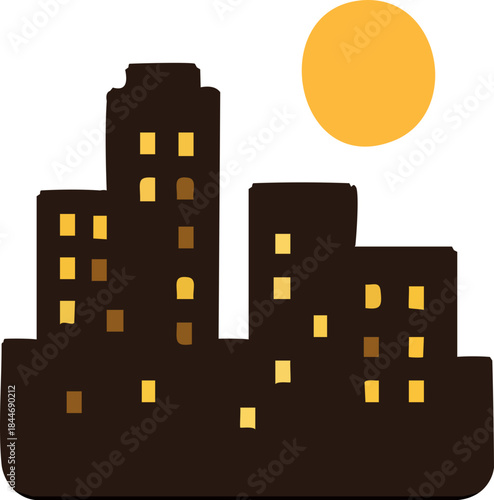 A minimal flat illustration depicts a dark city skyline at night with softly glowing yellow windows beneath a large golden moon