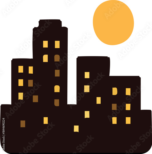 A minimal flat illustration depicts a dark city skyline at night with softly glowing yellow windows beneath a large golden moon