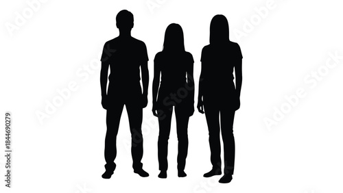 Three people standing together in a dark contrasting outline silhouette
