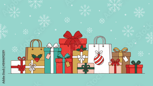 Festive collection of holiday gifts and shopping bags with snowflakes