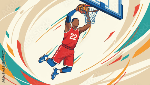 Dynamic illustration of a basketball player making a slam dunk