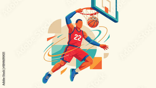 Dynamic abstract illustration of a basketball player performing a dunk