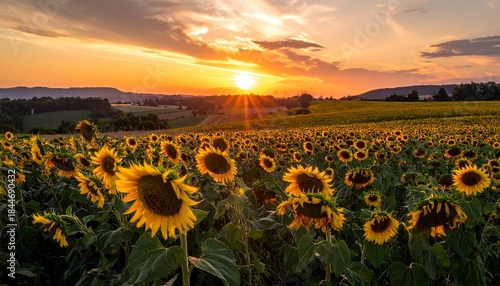 Vast field of sunflowers bathed in the warm glow of a setting sun