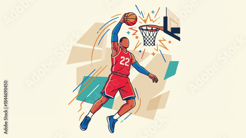 Dynamic vector illustration of a basketball player performing a slam dunk
