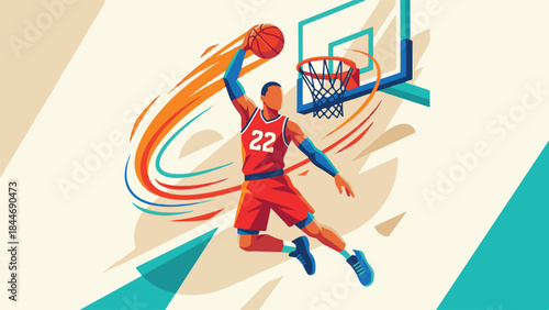 Dynamic vector illustration of a basketball player performing a slam dunk