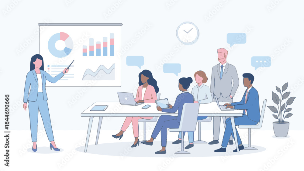 Fototapeta premium Business team meeting, woman presenting data and charts to diverse colleagues