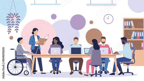 Diverse business team collaborating in an inclusive modern office setting