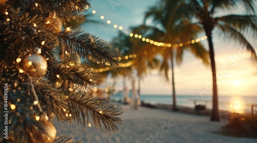 Christmas tree decorating tropical beach at sunset