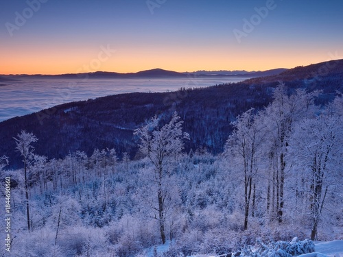 Fototapeta Naklejka Na Ścianę i Meble -  Beskidy, Schronisko Szyndzielnia.
Wchód słońca / świt na Szyndzielni. Inwersja, mgły, 