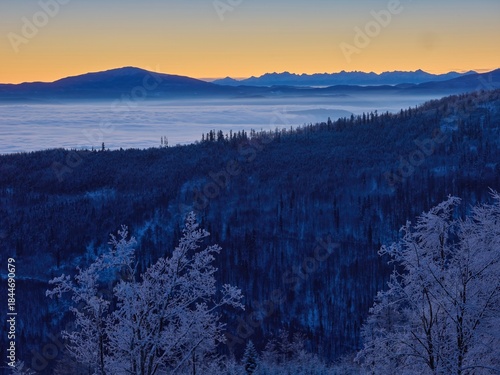 Fototapeta Naklejka Na Ścianę i Meble -  Beskidy, Schronisko Szyndzielnia.
Wchód słońca / świt na Szyndzielni. Inwersja, mgły, 