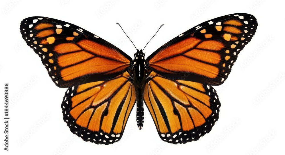 Fototapeta premium Vibrant monarch butterfly displaying intricate wing patterns on a clean white canvas