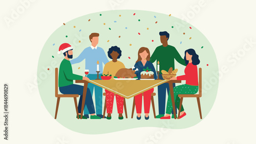 Diverse friends and family gather for festive holiday dinner celebration