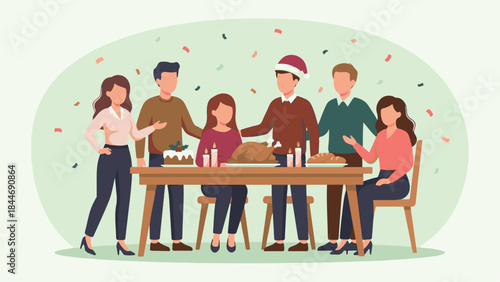 Diverse group of friends or family having holiday dinner together, flat illustration