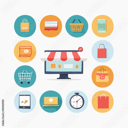 Set of online shopping icons representing e-commerce, retail, digital transactions, and consumer goods for web and mobile applications
