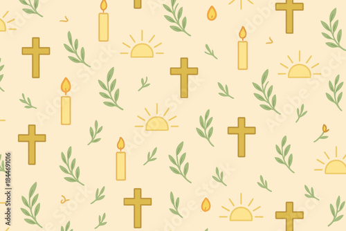 Spiritual seamless pattern featuring crosses, candles, and olive branches on a light background