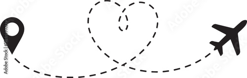 Love travel route icon in transparent style. Airplane line path illustration on isolated background