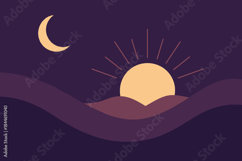A stylized flat illustration of a crescent moon and rising sun over dark hills