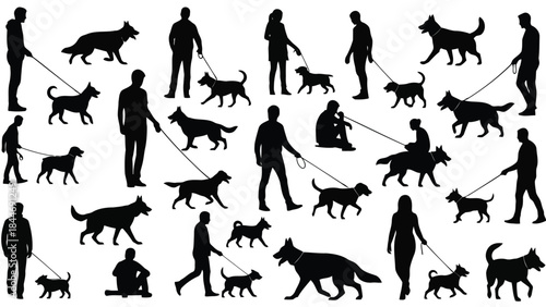 Collection of silhouettes of people walking dogs on leashes