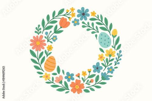 A beautiful spring floral wreath illustration with colorful easter eggs and vibrant flowers