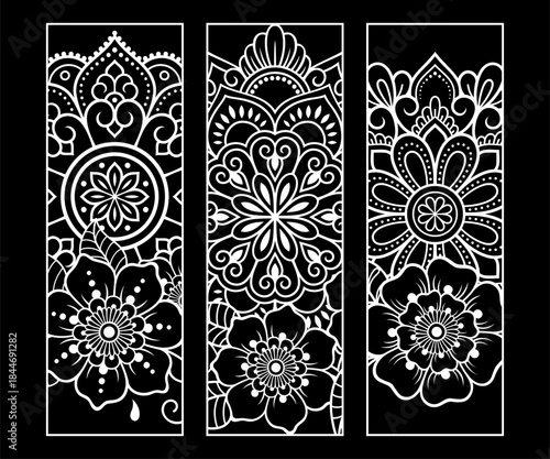Printable bookmark for book - coloring. Set of black and white labels with flower patterns, hand draw in mehndi style. Sketch of ornaments for creativity of children and adults with colored pencils.