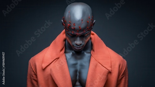 Man in orange coat, adorned head piece