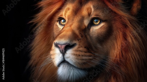 Majestic lion portrait against a dark background.  Close-up view of a lion's head and shoulders