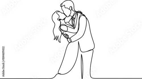 One continuous drawn line wedding drawn from the hand picture silhouette. line art. The characters of the bride and groom of the husband and wife are married. vector illustration. Vector