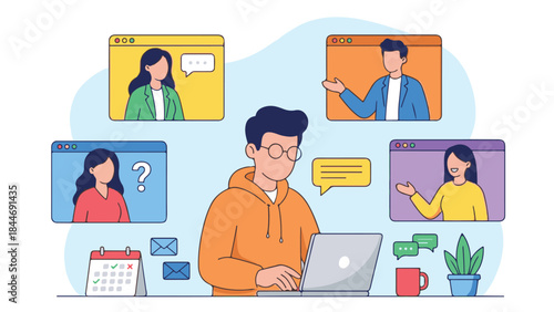 Remote work and online communication, virtual video conference meetings concept