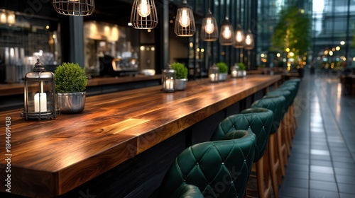 Modern cafe bar with wooden counter and dark green barstools