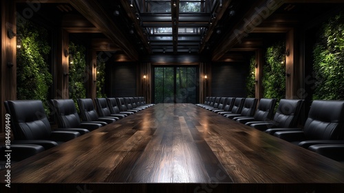Modern conference room with wooden table and black chairs. Lush greenery decorates the walls, creating a serene atmosphere.  Large windows offer a view of a natural setting
