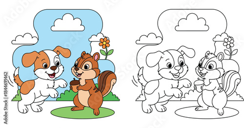 Cute cartoon puppy dog playing with chipmunk holding acorn vector illustration. Happy animal friends in nature garden with flower and clouds for children book or nursery art.