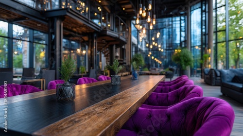 Modern industrial cafe with large windows