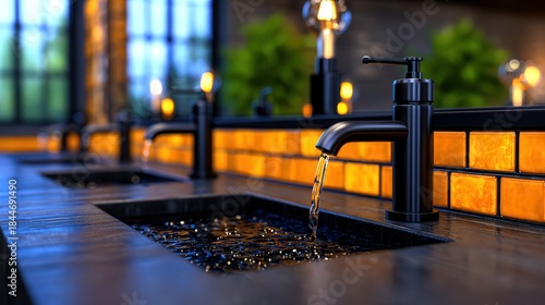 Modern restroom sinks with running water