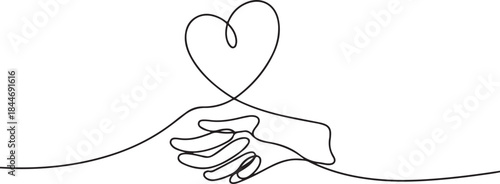One continuous line drawing of hand holding heart. Support concept. Charity vector illustration