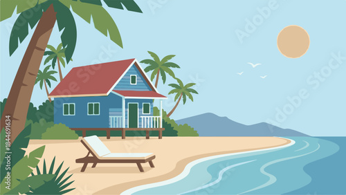 Summer Beach Scene with House, Palm Trees, and Ocean Illustration