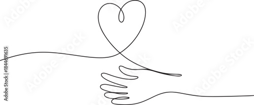 One continuous line drawing of hand holding heart. Support concept. Charity vector illustration