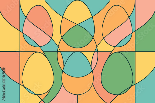 A complex abstract pattern featuring overlapping ovoid shapes in a soft and colorful pastel palette.