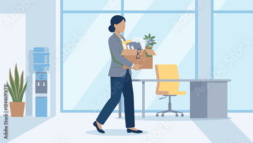 Businesswoman leaving her job carrying a box of personal items
