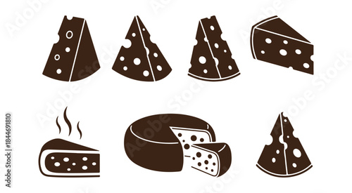 A collection of diverse cheese icons and silhouettes showcasing different forms and cuts