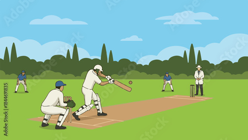 Cricket match illustration showing batsman, wicket-keeper, umpire, and fielders.